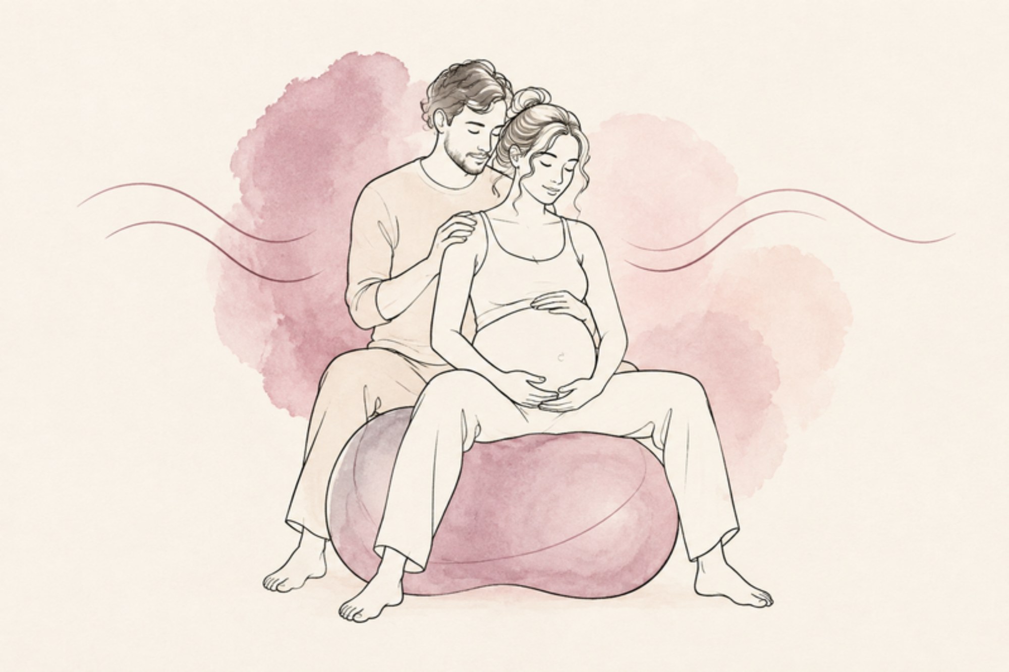 Geburtsvorbereitungskurs Warendorf: Illustration einer Schwangeren mit Begleitperson auf dem Peanutball